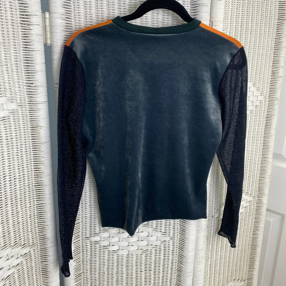 Scoop! Y2K Geisha Print Top Black Sheer Sleeve Orange Graphic Retro Novelty M - Picture 3 of 11